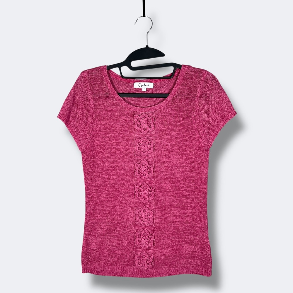 Vintage Carducci Knit Top‎ Womens M Pink Floral Embellished Boho Old Money